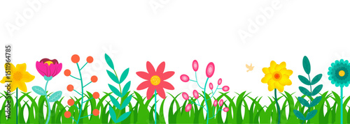 Whimsical Spring Flower and Grass Border  Colorful Floral Design, Perfect for Nature Themes, Children's Events, Garden Concepts, and Seasonal Decor.