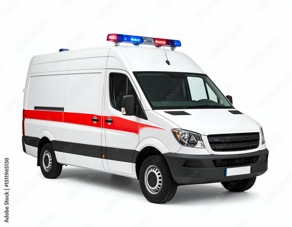 Naklejka premium Emergency Response Ambulance with Flashing Lights Isolated on White