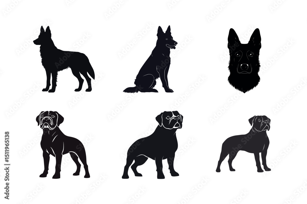 Fototapeta premium Silhouette collection of german shepherd and boxer dogs