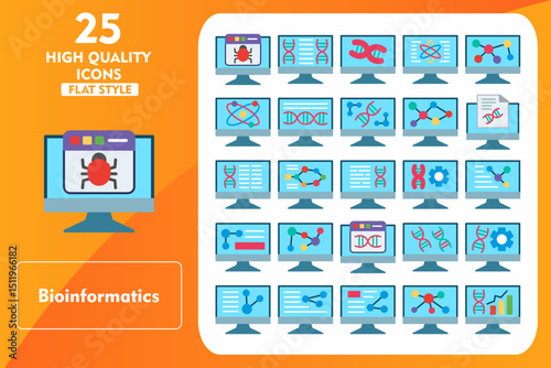 Bioinformatics Flat Icon Set. Incleded Icons Virus, Bioinformatics, DNA, Technology, Chemistry, Pc, Monitor, Networking, Analysis, Genetic. Vector Icons Collection