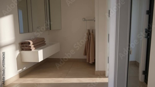 Wallpaper Mural Cozy sunlit bathroom with beige towels, floating vanity, large mirror, and minimalist design for calm, inviting atmosphere Torontodigital.ca