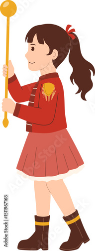 Young Majorette Leading a Marching Band Parade