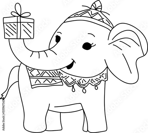 Baby elephant wearing traditional Dhaka patterned clothes holding a gift