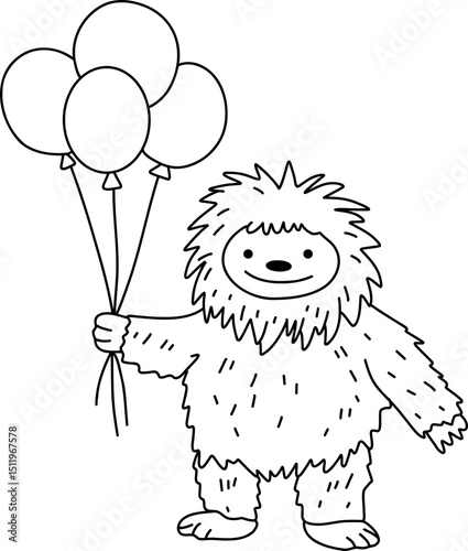 cute cartoon yeti with colourful balloons