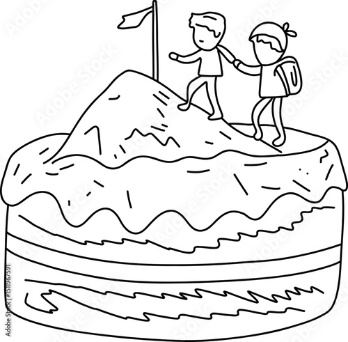 Cartoon kids hiking up a giant birthday cake shaped like a mountain