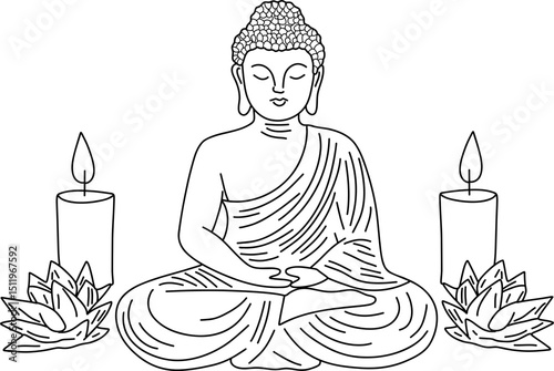 Peaceful birthday scene with Buddha statue surrounded by birthday candles