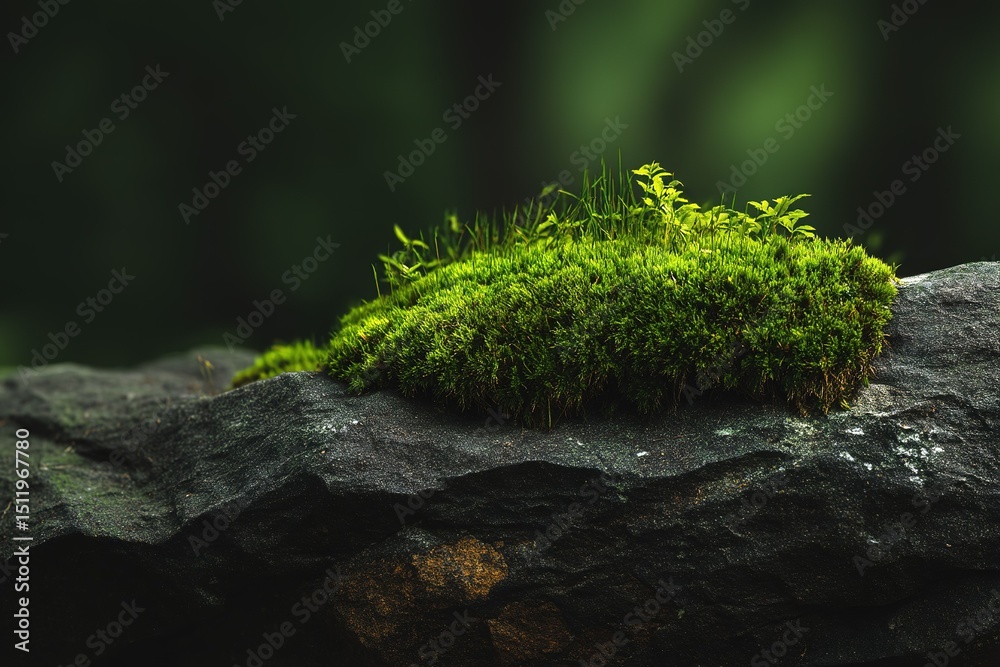 Fototapeta premium Lush green moss thriving on a rocky surface in a serene forest setting during daylight