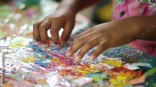 A child adorning a handmade card with stickers glitter and colors expressing joy and creativity