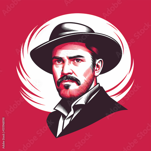 Stern Bearded Man in Monochromatic Red and Black