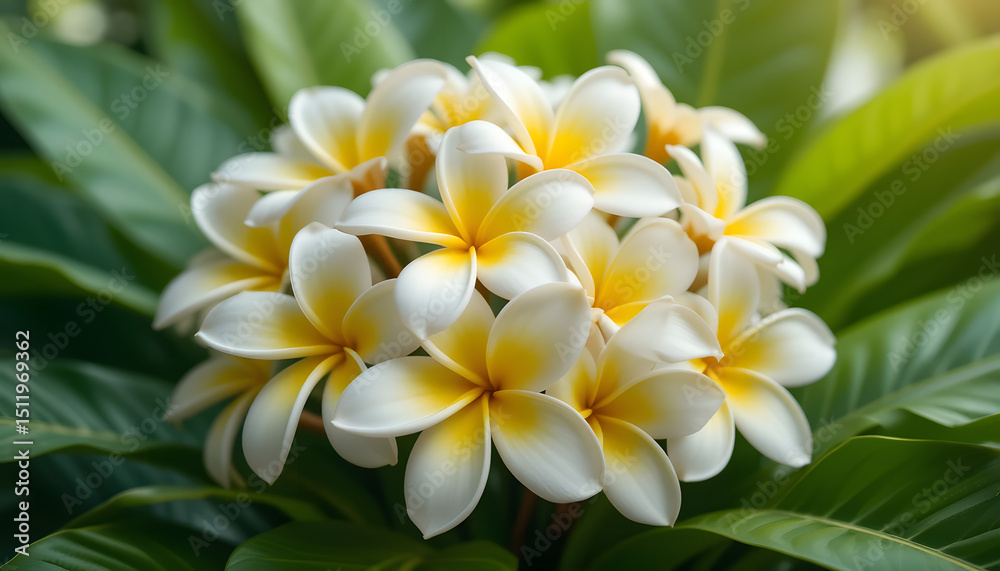 Obraz premium Pure White Plumeria with Golden Centers: A stunning view of a bouquet of Plumeria flowers, highlighting their elegant form and bright colors, symbolizing beauty and purity