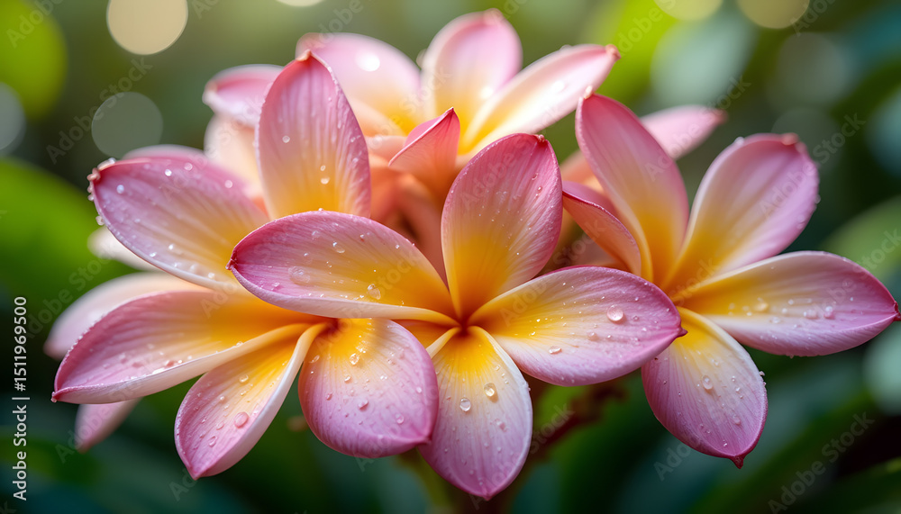 Fototapeta premium Fresh Frangipani Blossoms with Water Droplets: Multiple beautiful pink and yellow Plumeria flowers, each petal intricately detailed with clear dew drops, capturing the essence of tropical freshness.
