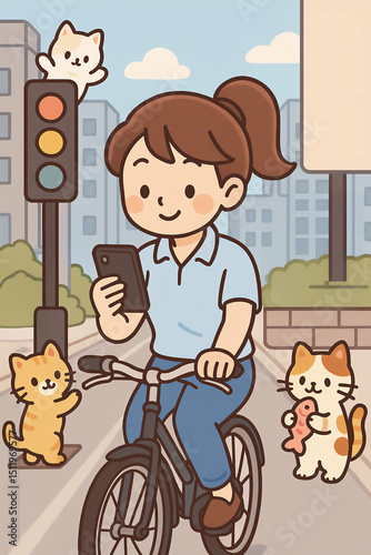 スマホを見ながら自転車に乗る若い女性と猫たちのほのぼのイラスト