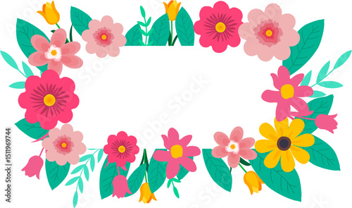 Vibrant Rectangular Floral Frame. Colorful Assortment of Flowers and Leaves, Ideal for Spring, Summer, Invitations, and Decorative Designs with Copy Space.