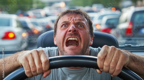 A commuter stuck in heavy traffic gripping the steering wheel in frustration showing daily aggravation