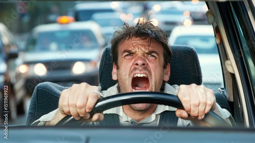A commuter stuck in heavy traffic gripping the steering wheel in frustration showing daily aggravation
