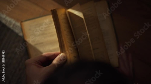 Under soft lighting, an individual turns the pages of a vintage book, immersed in the reading experience. This cozy moment captures a love for literature and nostalgia in a relaxed indoor setting