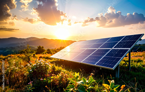 Solar panels placed in nature meadow.