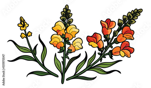 Elegant illustration of yellow and orange snapdragon flowers