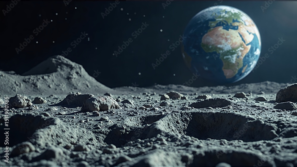 Obraz premium Lunar landscape with earth in the distance.