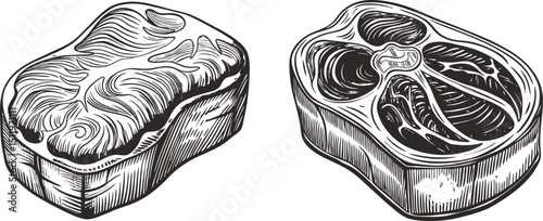A detailed hand-drawn illustration of two different cuts of steak vector element 