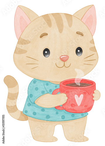 Cute cat in blue shirt holding red coffee cup, watercolor cartoon pet illustration