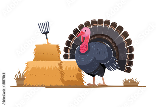 Farm Turkey on Hay Bale with Rake