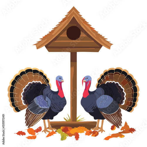 Two Turkeys Near Birdhouse and Feeder