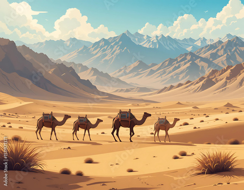 Scenic travel vector of Afghanistan with camels crossing desert terrain.