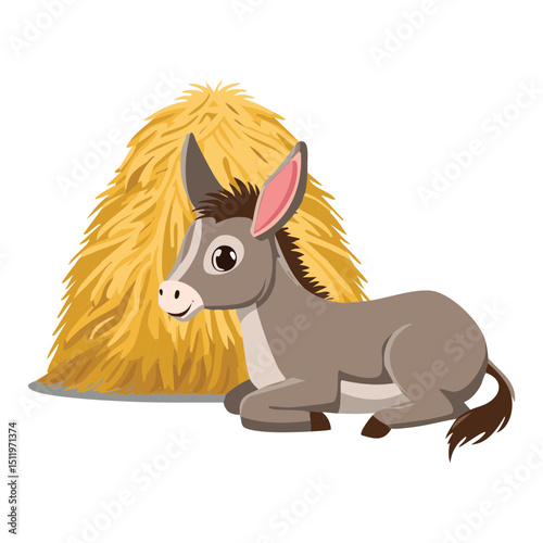 Cute Donkey Resting on Hay Bale
