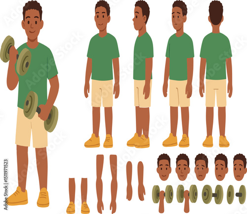 Sporty man wearing fitness clothes holding dumbbells. Character constructor for animation. Front, side and back view sets. Body parts, postures, poses collection. Vector illustration