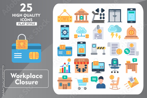 Workplace Closure Flat Icon Set. Incleded Icons Cafe, Bank, Gym, Closed Door, Phone, Cease Of Activity, Redundancy, Files, Inclement Weather. Vector Icons Collection