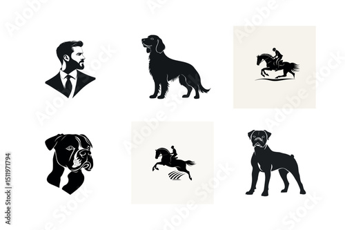 Elegant black and white silhouettes of man dog and horse