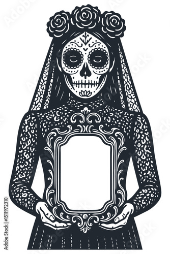 Vector illustration of a Catrina (sugar skull woman) in a lace dress and veil with roses, holding an ornate empty frame. Day of the Dead (Dia de los Muertos) theme.