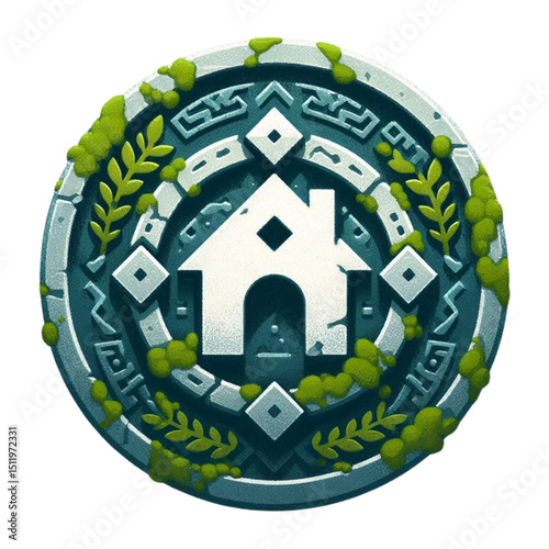 Ancient Home Icon Mossy Stone Emblem Design