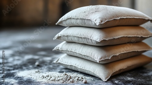 Four stacked sacks of light gray powder on a dark surface with spilled powder. photo