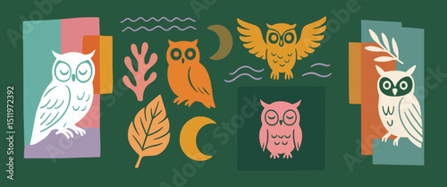 Mystical Owl Gathering Nighttime Folk Art