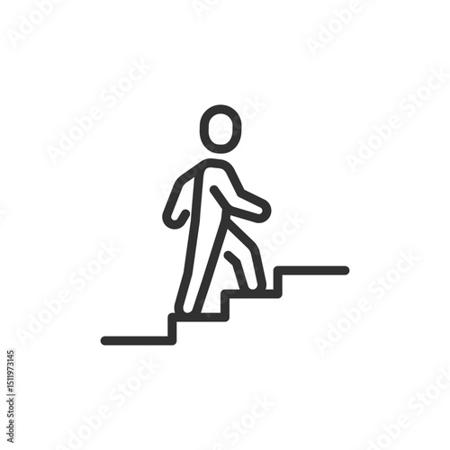 Person going upstairs, linear icon. Upward movement or directional navigation. Line with editable stroke.