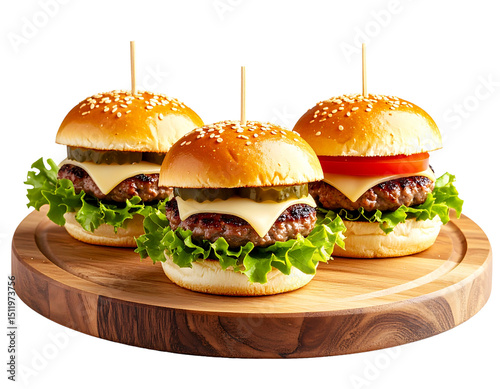 Mini Slider Sandwich Trio on Wooden Serving Board, Isolated on Transparent Background