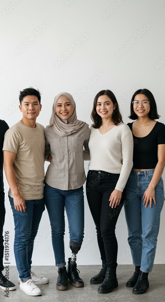 Obraz premium A diverse group of young adults smiling and posing together in front of a plain white studio background