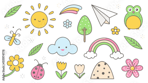Fun cartoon vector illustration of a seamless spring nature pattern with colorful eggs, flowers, and butterflies