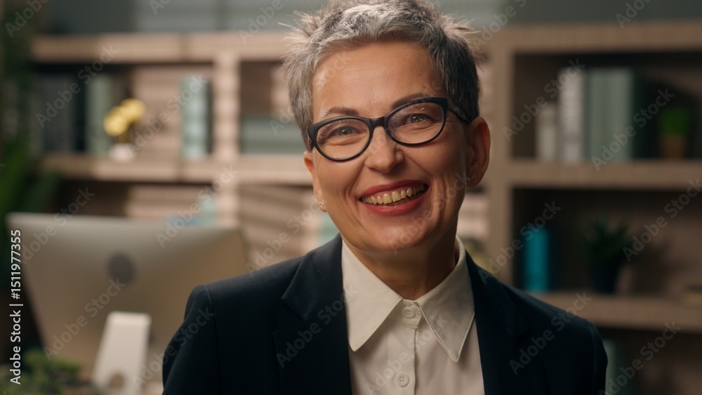 Fototapeta premium Caucasian business woman senior businesswoman laughing smiling joy fun in office mature female worker retired old employer looking at camera smile laugh funny humor joyful carefree emotion cheerful
