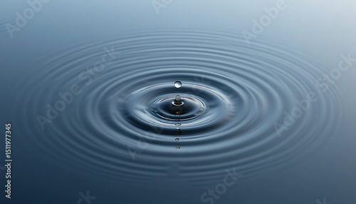 Minimalist view of ripples from one drop in a calm pond, top-down, zen style.