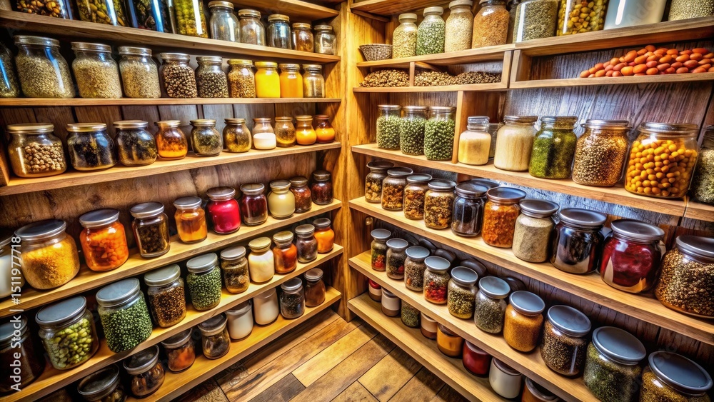 Naklejka premium Aerial View of a Cozy Kitchen Pantry Filled with Colorful Jars of Dried Goods and Spices on Wooden Shelves, Ideal for Culinary Enthusiasts and Home Organization Inspiration