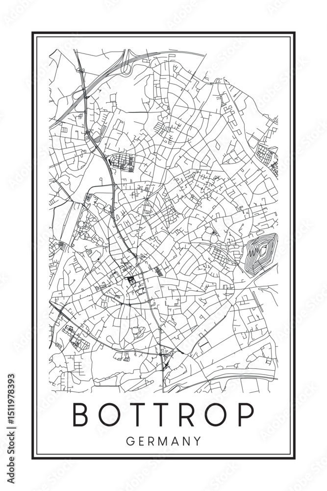 Obraz premium Hand drawn printable downtown road map poster of the German city of BOTTROP on solid white background with city name