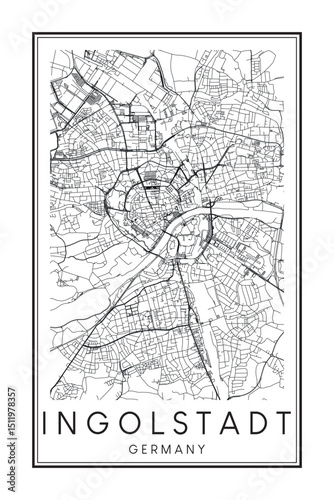 Hand drawn printable downtown road map poster of the German city of INGOLSTADT on solid white background with city name