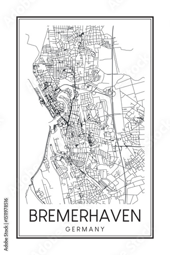 Hand drawn printable downtown road map poster of the German city of BREMERHAVEN on solid white background with city name