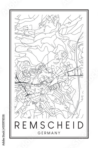 Hand drawn printable downtown road map poster of the German city of REMSCHEID on solid white background with city name