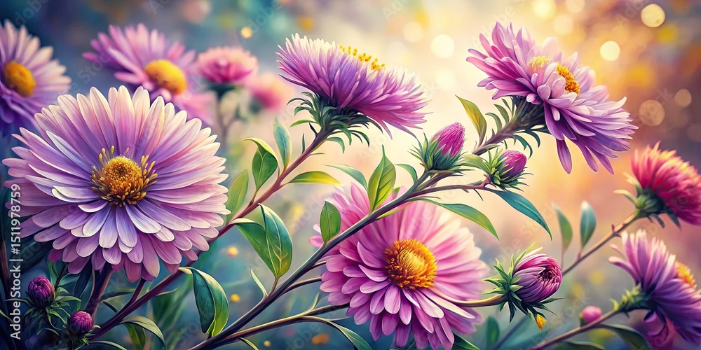 Obraz premium Beautiful Watercolor Aster Branches in Macro Photography, Vibrant Floral Artwork, Nature Illustration, Botanical Beauty, Colorful Blooms, Close-up Floral Art, Summer Flowers