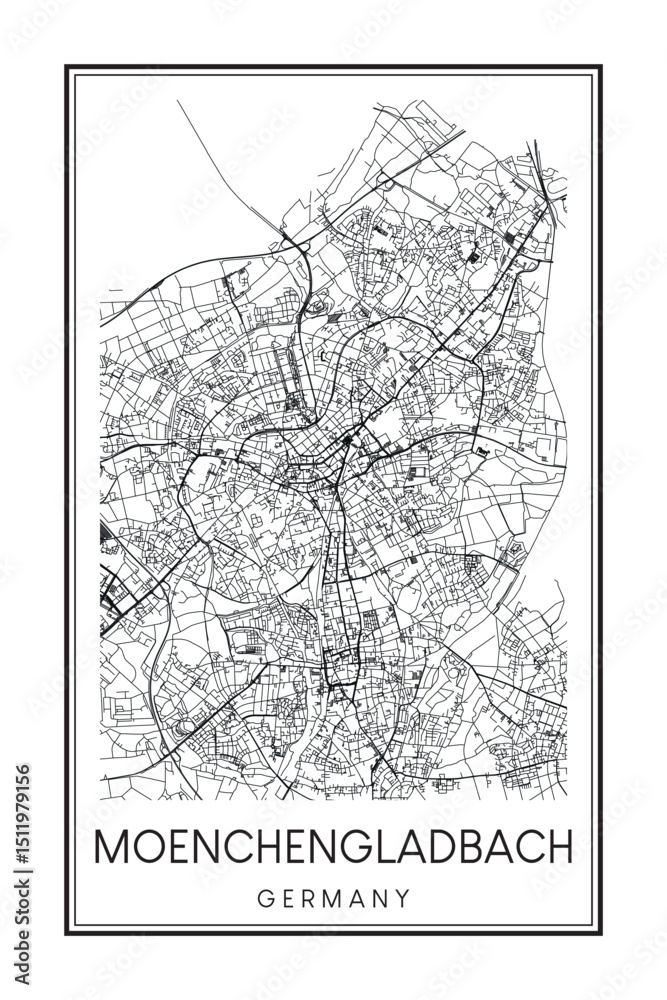 Obraz premium Hand drawn printable downtown road map poster of the German city of MOENCHENGLADBACH on solid white background with city name