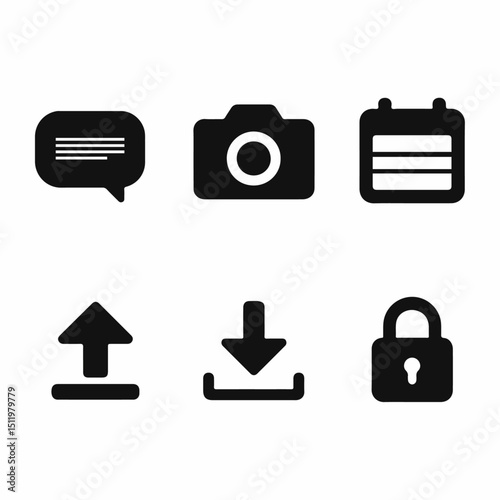 Chat, Camera, Calendar, Upload, Download, Lock vector icon design in white background